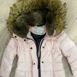 S13 Kids Light Pink Puffer Coat with Faux Fur Trim